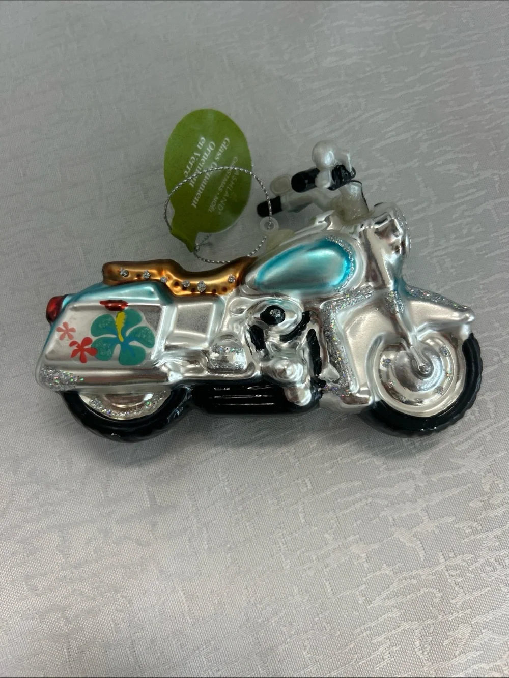 Ashland Silver and Turquoise Glass Motorcycle Ornament with Floral Accent